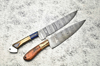 Lot of 2 Handmade Damascus Steel Chef Knives | Custom Forged Blade Kitchen Knife Set