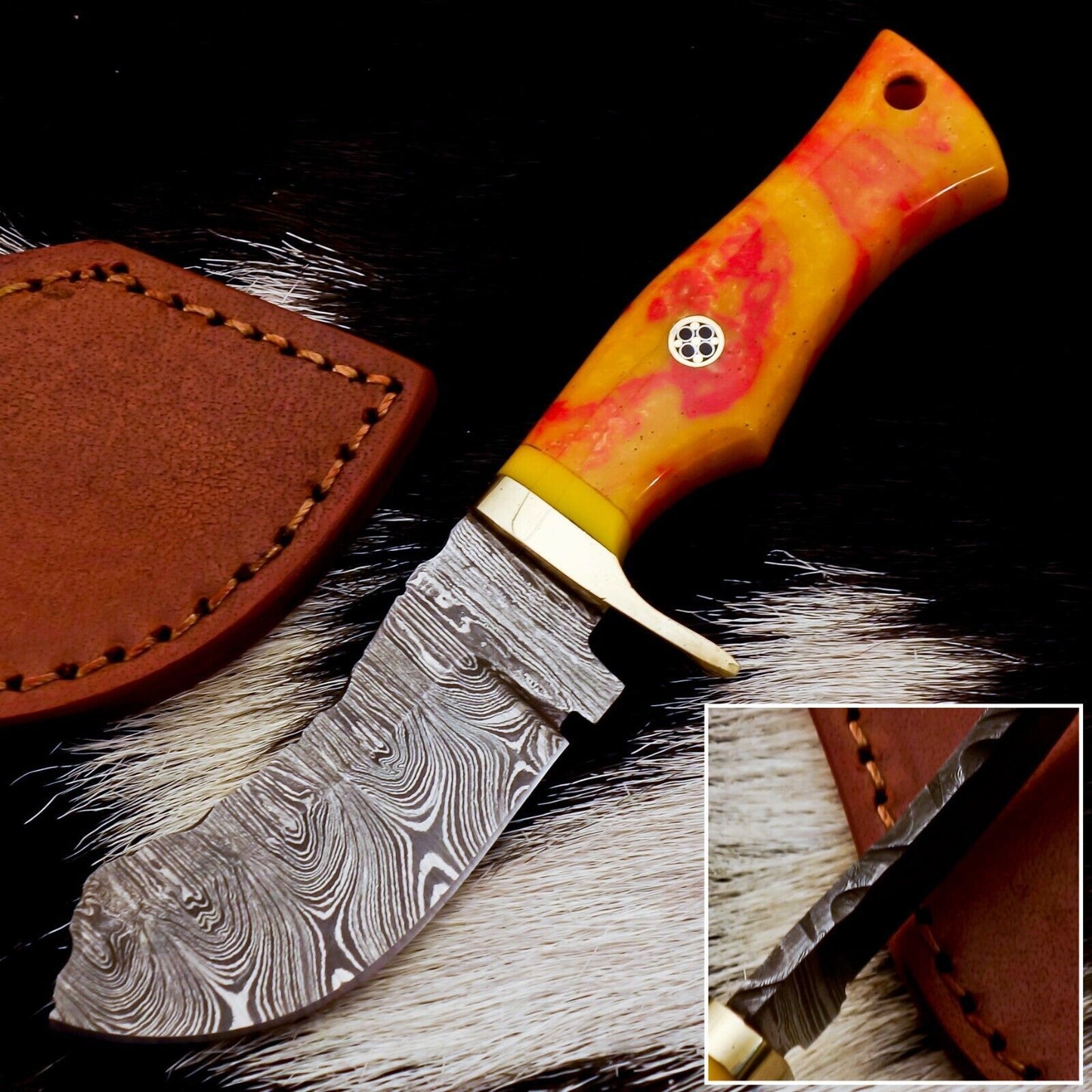 6.5 Inch Twist Damascus Hidden Tang Skinner Knife with Leather Sheath