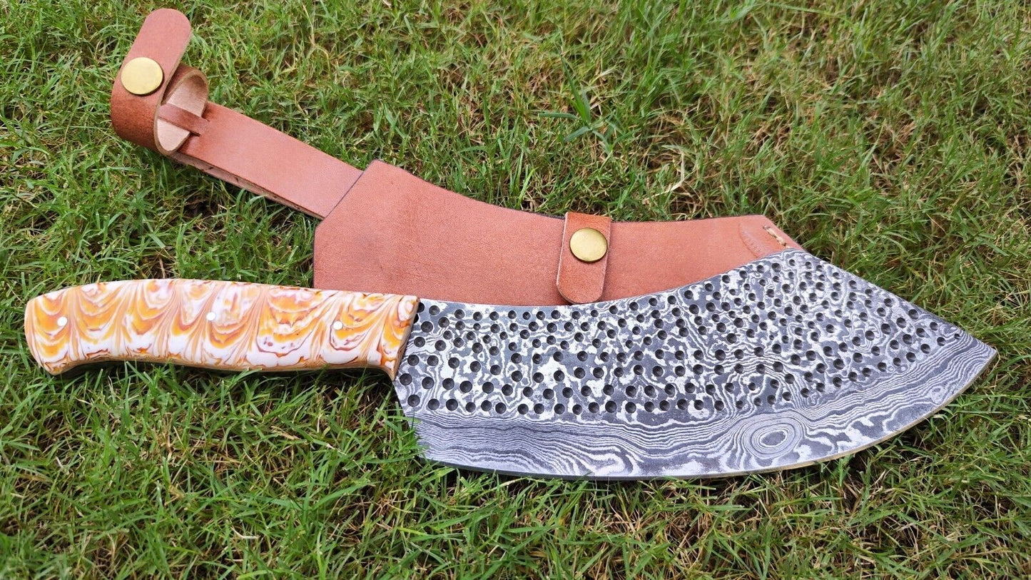 Handmade Damascus Cleaver Knife – 9" Razor-Sharp Serbian Chef’s Butcher Knife with Resin Wood Handle & Leather Sheath
