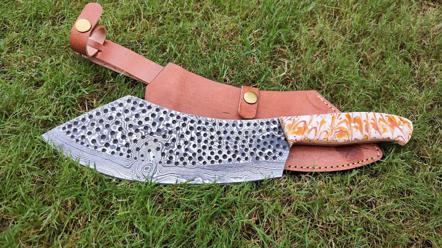 Handmade Damascus Cleaver Knife – 9" Razor-Sharp Serbian Chef’s Butcher Knife with Resin Wood Handle & Leather Sheath