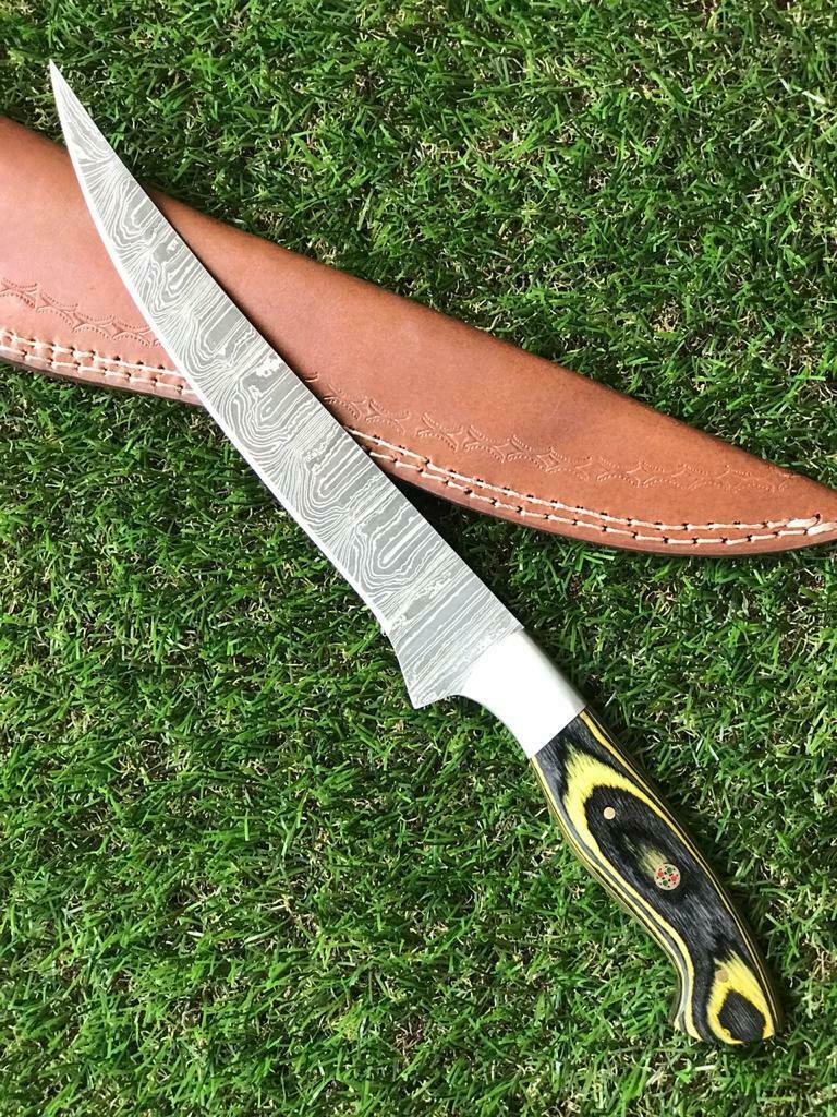 12.5" Custom Handmade Twist Damascus Steel Fillet Knife & Best Fillet Knife With Leather Sheath