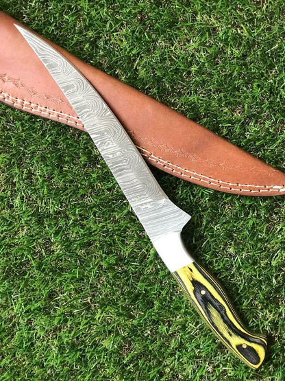 12.5" Custom Handmade Twist Damascus Steel Fillet Knife & Best Fillet Knife With Leather Sheath