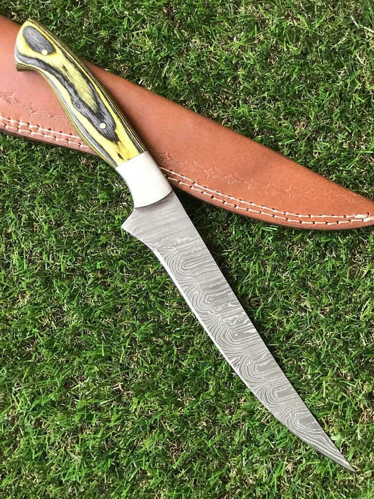 12.5" Custom Handmade Twist Damascus Steel Fillet Knife & Best Fillet Knife With Leather Sheath