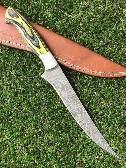 12.5" Custom Handmade Twist Damascus Steel Fillet Knife & Best Fillet Knife With Leather Sheath
