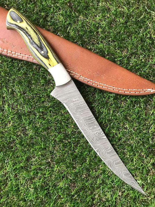 12.5" Custom Handmade Twist Damascus Steel Fillet Knife & Best Fillet Knife With Leather Sheath