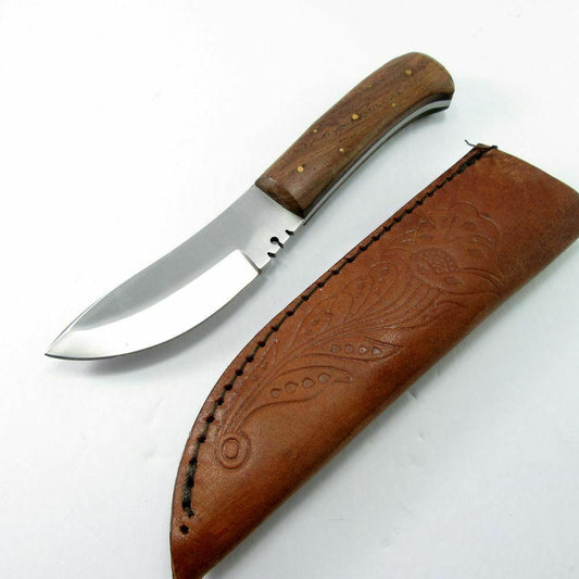 7.75" Upswept Blade Skinner Knife – Full Tang Stainless Steel with Wood Handle & Leather Sheath