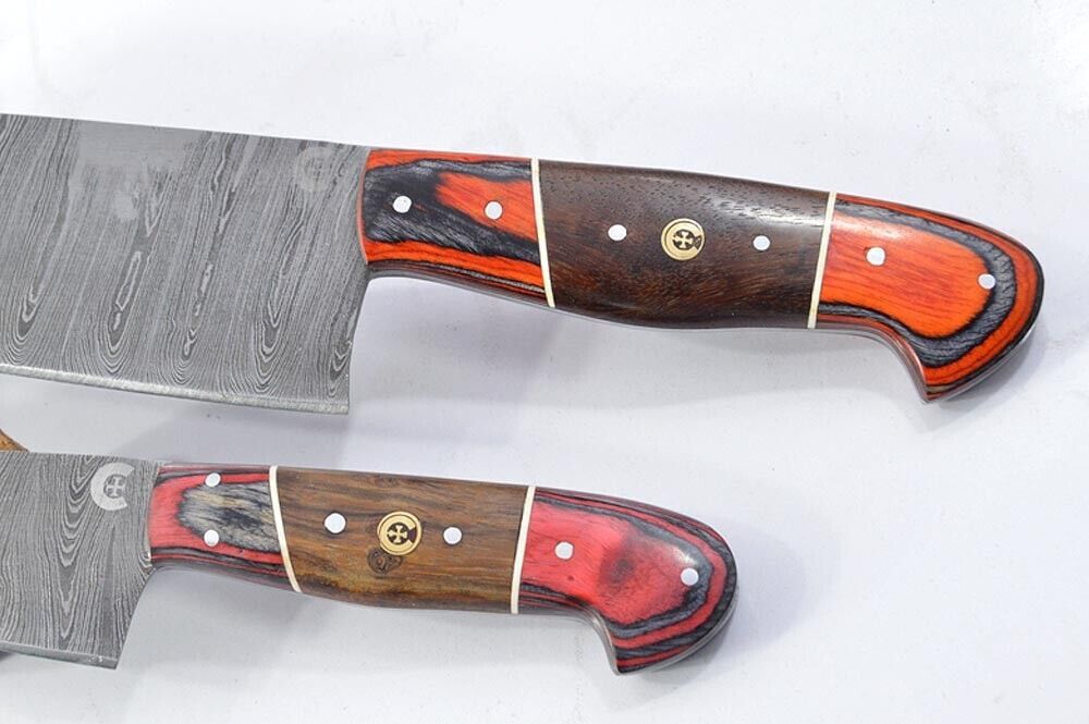 Set of 2 Handmade Damascus Steel Full Tang Chef Knives – Custom Forge Kitchen Cutlery