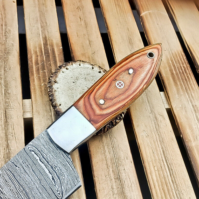 CUSTOM Handmade DAMASCUS STEEL CHEF KNIFE – Full Tang Knife, Natural Wood Handle, Mosaic Pin