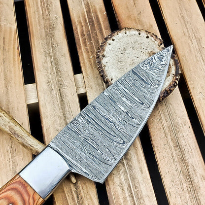 CUSTOM Handmade DAMASCUS STEEL CHEF KNIFE – Full Tang Knife, Natural Wood Handle, Mosaic Pin