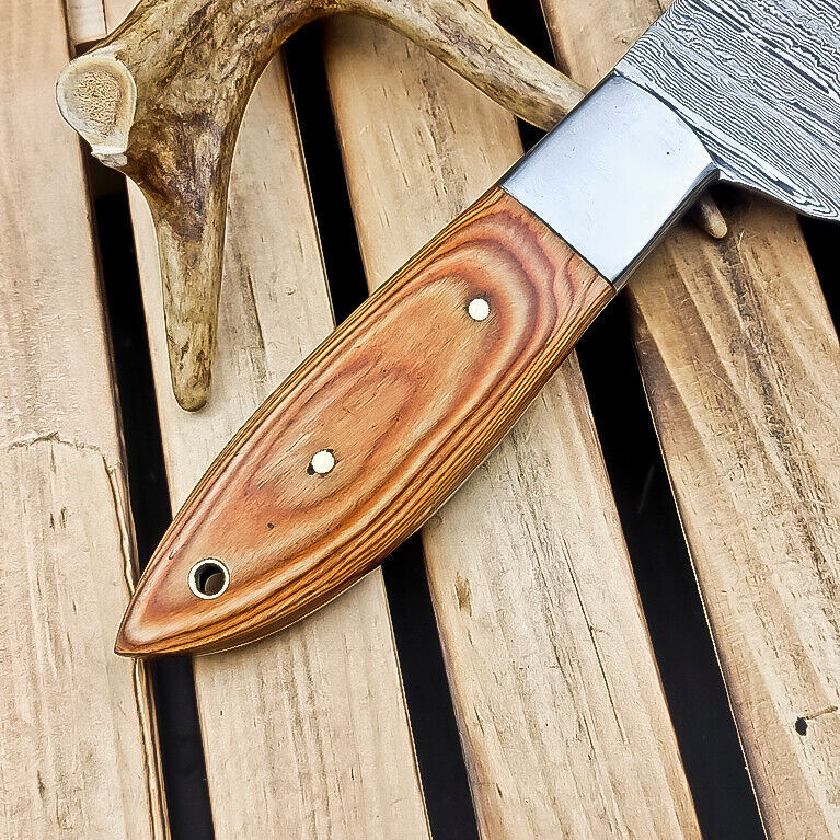 CUSTOM Handmade DAMASCUS STEEL CHEF KNIFE – Full Tang Knife, Natural Wood Handle, Mosaic Pin