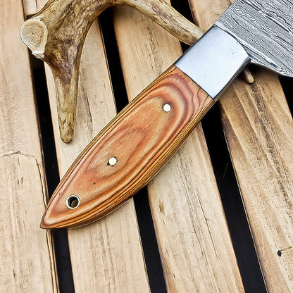CUSTOM Handmade DAMASCUS STEEL CHEF KNIFE – Full Tang Knife, Natural Wood Handle, Mosaic Pin