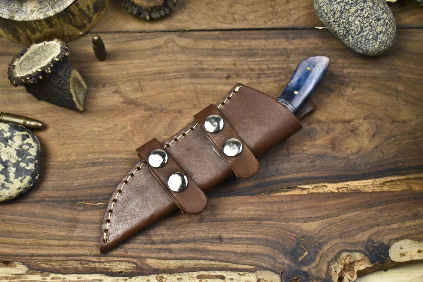 Rain Drop Damascus Skinner Knife with Bone Handle – Handmade 8.5" Hunting Knife with Leather Sheath