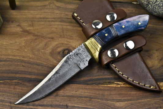 Rain Drop Damascus Skinner Knife with Bone Handle – Handmade 8.5" Hunting Knife with Leather Sheath