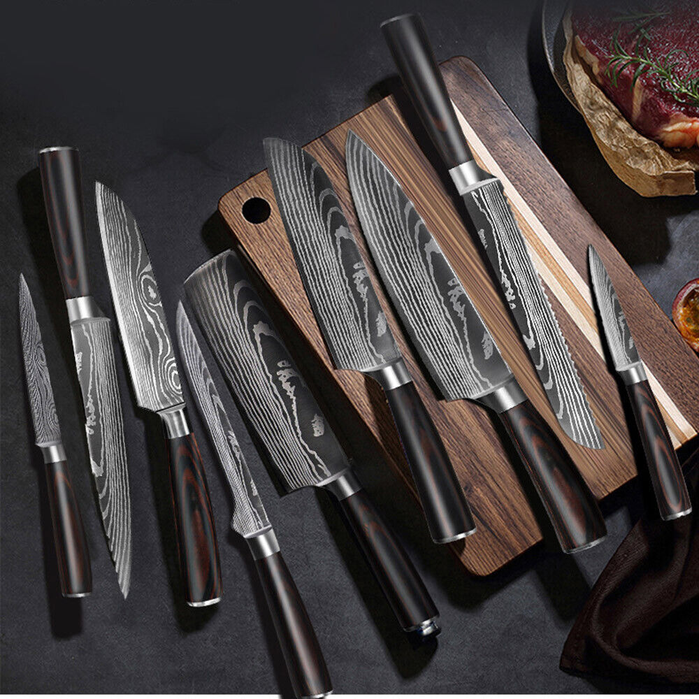 8PCS Japanese Chef Knife Set – Laser Damascus Pattern, Full Kitchen Knives