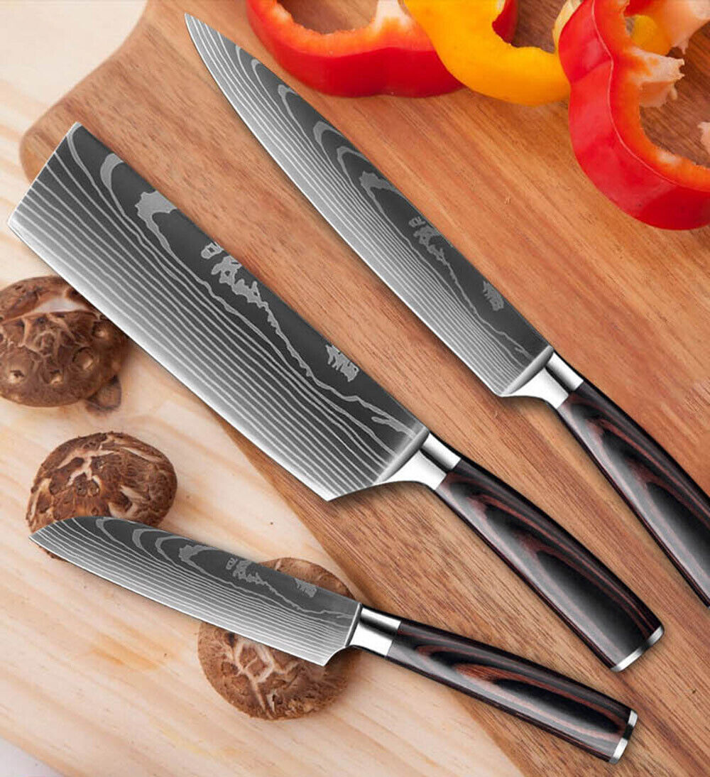 8PCS Japanese Chef Knife Set – Laser Damascus Pattern, Full Kitchen Knives