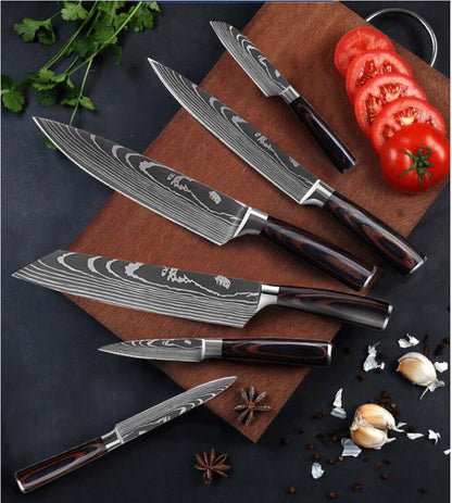 8PCS Japanese Chef Knife Set – Laser Damascus Pattern, Full Kitchen Knives