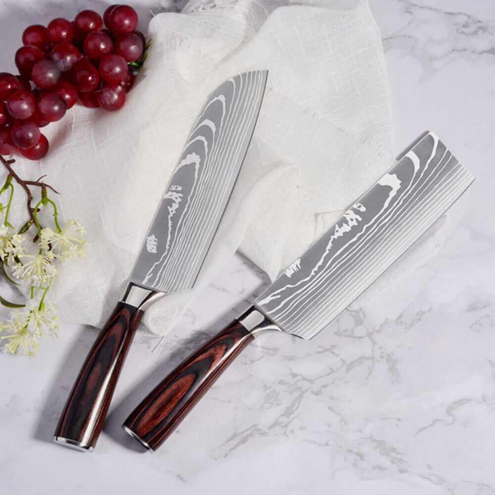 8PCS Japanese Chef Knife Set – Laser Damascus Pattern, Full Kitchen Knives