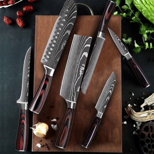 8PCS Japanese Chef Knife Set – Laser Damascus Pattern, Full Kitchen Knives