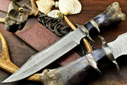 15" Damascus Bowie Knife with Camel Bone Handle & Leather Sheath