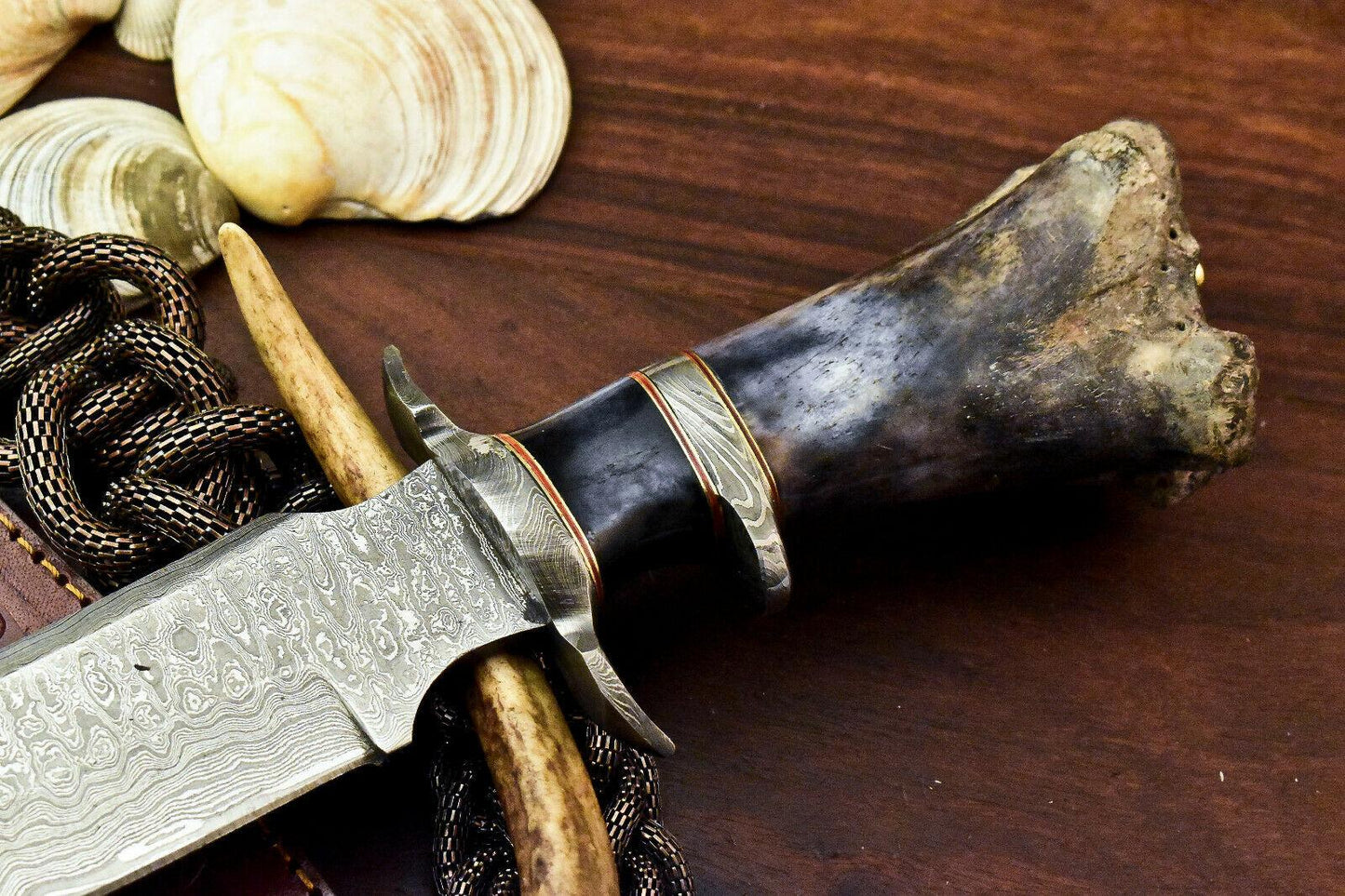 15" Damascus Bowie Knife with Camel Bone Handle & Leather Sheath