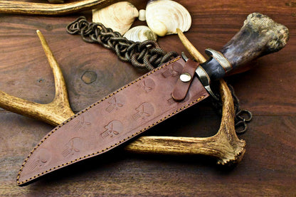 15" Damascus Bowie Knife with Camel Bone Handle & Leather Sheath