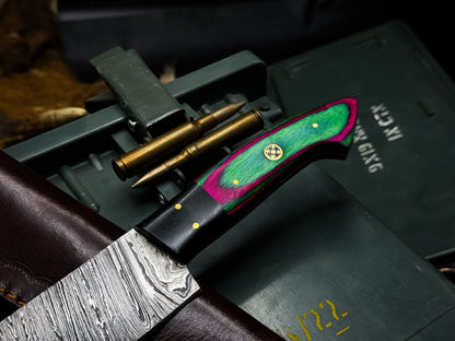 Handmade Damascus Steel Hunting & Kitchen Chef Knife with Wood Handle and Leather Sheath
