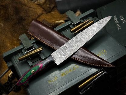 Handmade Damascus Steel Hunting & Kitchen Chef Knife with Wood Handle and Leather Sheath