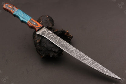 14" Hand Forged Damascus Steel Fillet Knife Damascus Fillet Knife & Best Fillet Knife W/Sheath