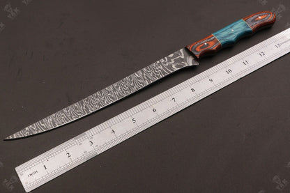 14" Hand Forged Damascus Steel Fillet Knife Damascus Fillet Knife & Best Fillet Knife W/Sheath