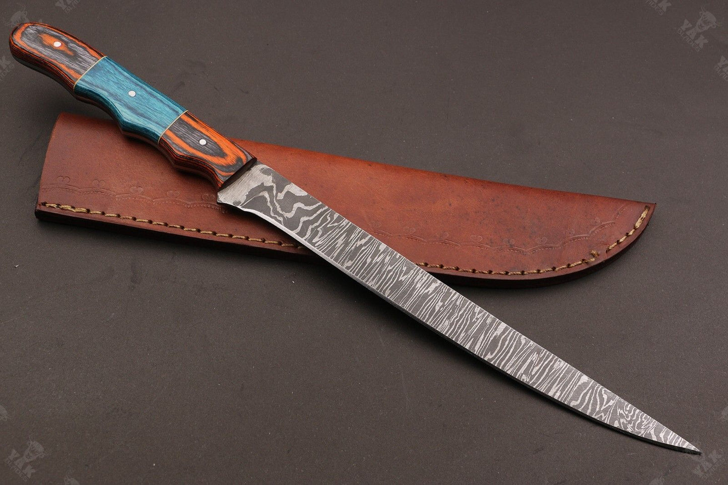 14" Hand Forged Damascus Steel Fillet Knife Damascus Fillet Knife & Best Fillet Knife W/Sheath