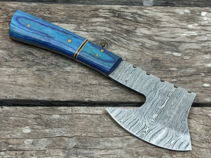 Custom Handmade Damascus Steel Mini Axe Hunting Skinner Knife – 7.7 Inch Stain Wood Handle Damascus Axe with Sheath