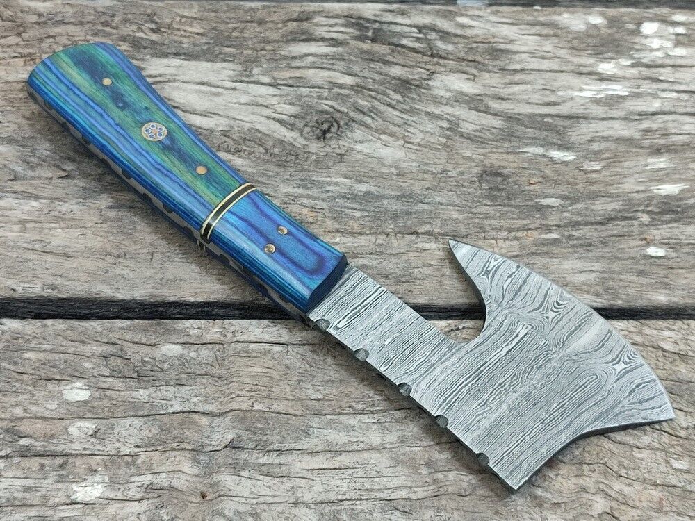 Custom Handmade Damascus Steel Mini Axe Hunting Skinner Knife – 7.7 Inch Stain Wood Handle Damascus Axe with Sheath
