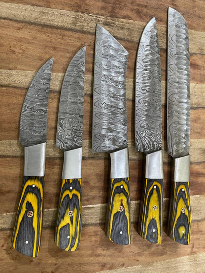 5Pcs Custom Handmade Damascus Steel Chef Knife Set – Professional Kitchen Knives