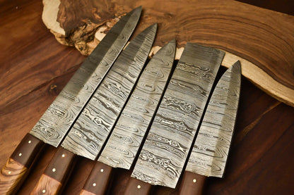 Set of 5 Handmade Hammered Damascus Steel Chef Knives – Custom Crafted Blades