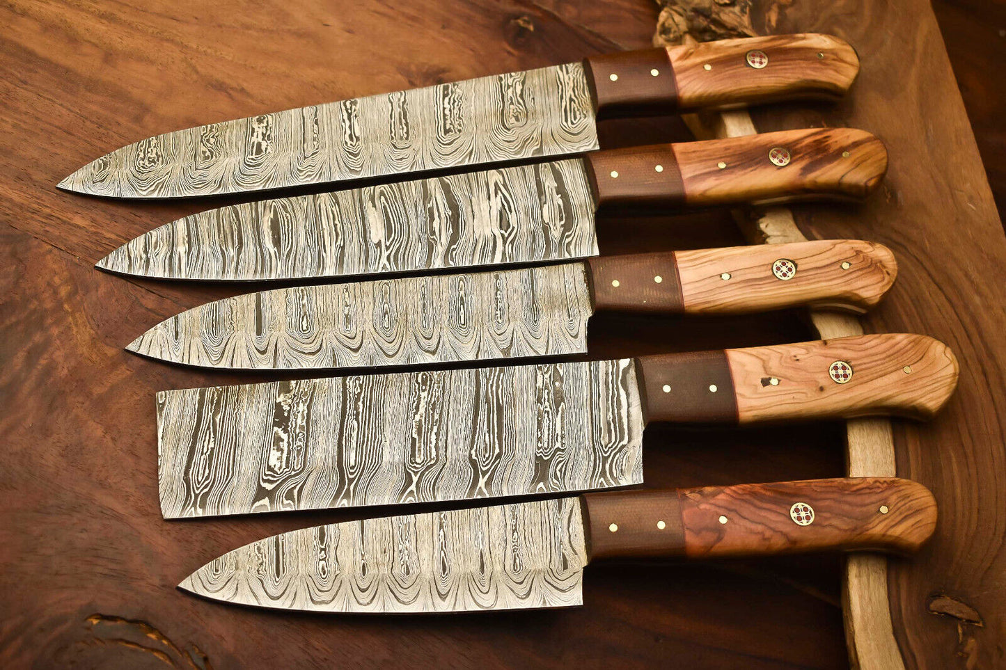Set of 5 Handmade Hammered Damascus Steel Chef Knives – Custom Crafted Blades