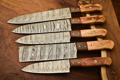 Set of 5 Handmade Hammered Damascus Steel Chef Knives – Custom Crafted Blades
