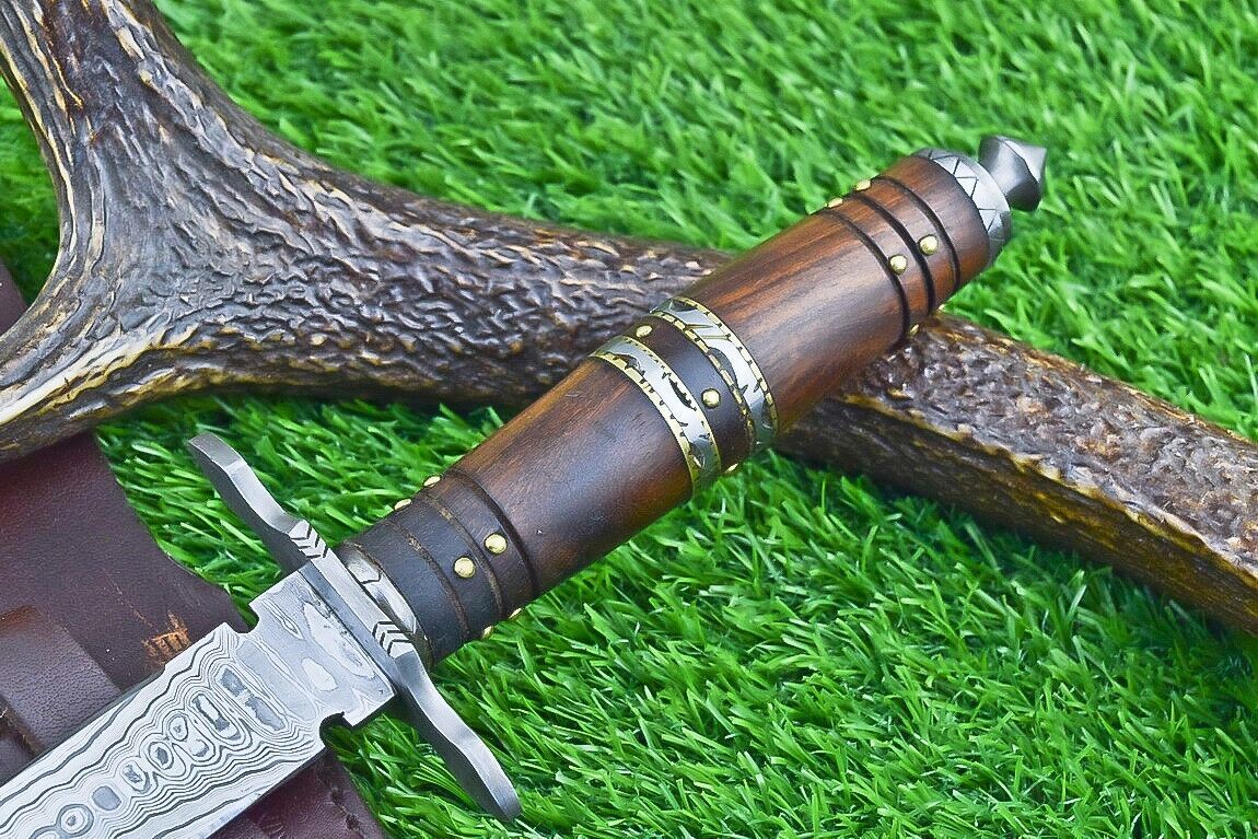 Heritage Forge 15 Inch Damascus Steel Double Edge Bowie Dagger with Natural Wood Handle