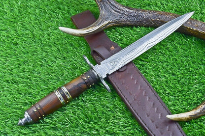 Heritage Forge 15 Inch Damascus Steel Double Edge Bowie Dagger with Natural Wood Handle