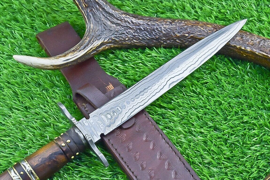 Heritage Forge 15 Inch Damascus Steel Double Edge Bowie Dagger with Natural Wood Handle