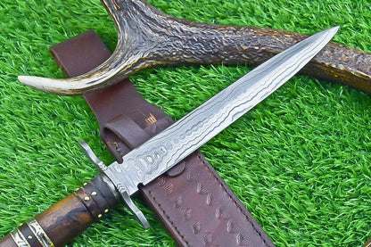 Heritage Forge 15 Inch Damascus Steel Double Edge Bowie Dagger with Natural Wood Handle