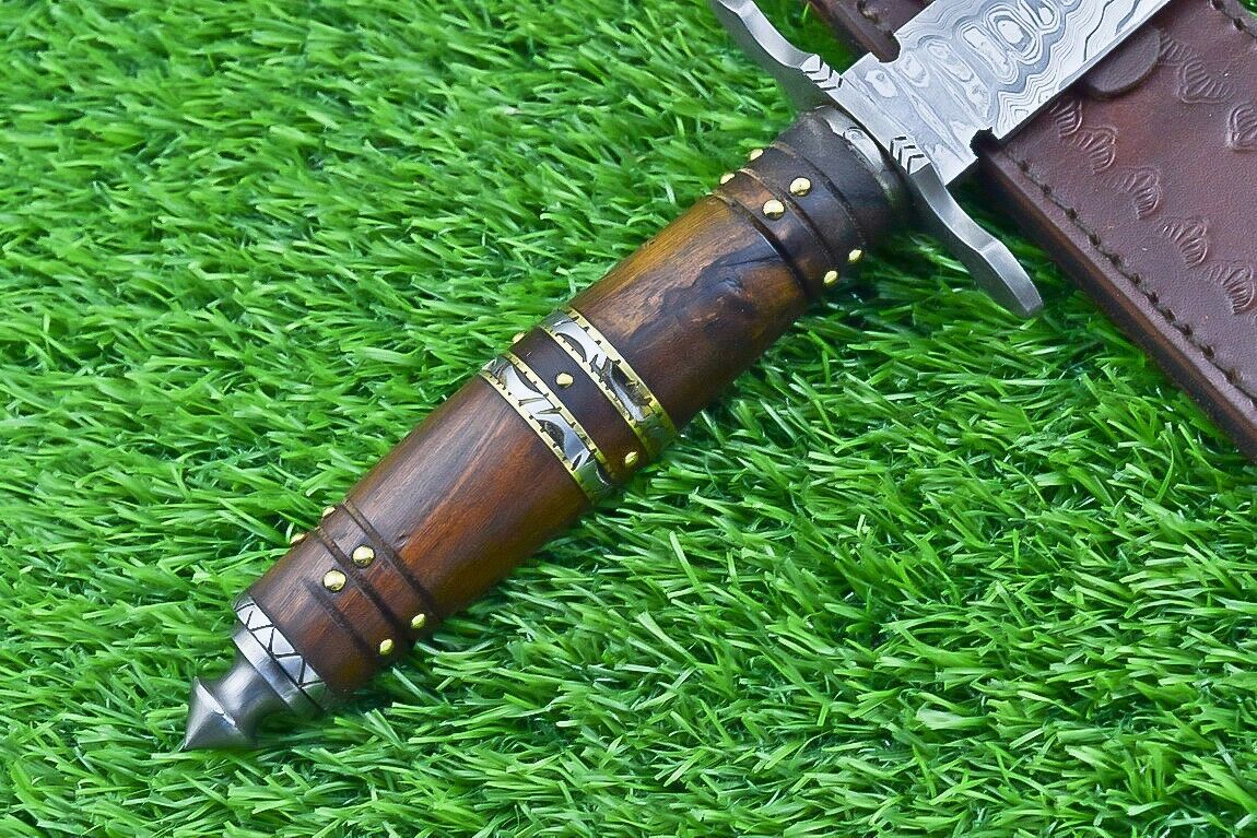 Heritage Forge 15 Inch Damascus Steel Double Edge Bowie Dagger with Natural Wood Handle