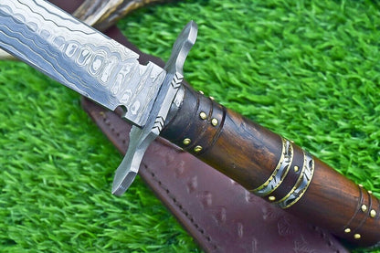 Heritage Forge 15 Inch Damascus Steel Double Edge Bowie Dagger with Natural Wood Handle