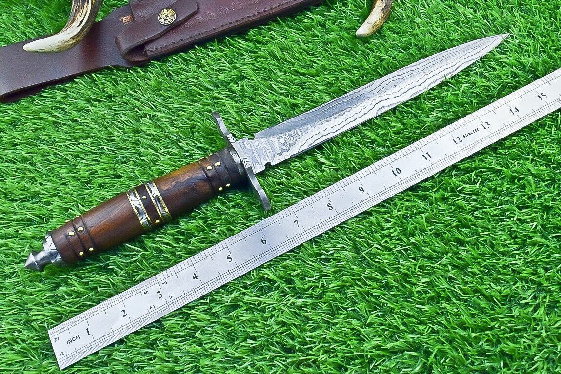 Heritage Forge 15 Inch Damascus Steel Double Edge Bowie Dagger with Natural Wood Handle
