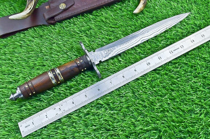 Heritage Forge 15 Inch Damascus Steel Double Edge Bowie Dagger with Natural Wood Handle