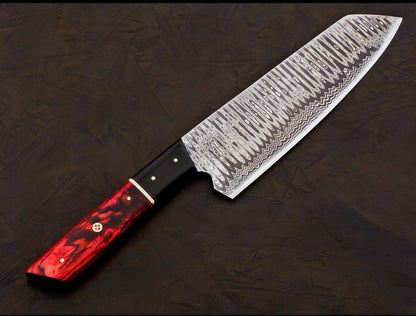 Handmade Damascus Chef Knife | Hand Forged Japanese Bunka Kitchen Knife Rose Wood & Buffalo Horn Handle