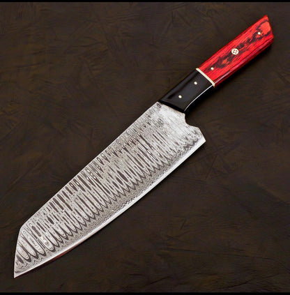 Handmade Damascus Chef Knife | Hand Forged Japanese Bunka Kitchen Knife Rose Wood & Buffalo Horn Handle