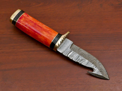 8" Damascus Gut Hook Bowie Knife – Stained Bone & Pakka Wood Handle