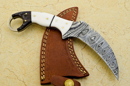 9" Handmade Damascus Karambit Full Tang Karambit Damascus Steel Knife With Wood and Resin Handle
