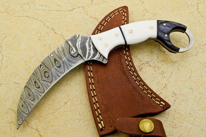 9" Handmade Damascus Karambit Full Tang Karambit Damascus Steel Knife With Wood and Resin Handle