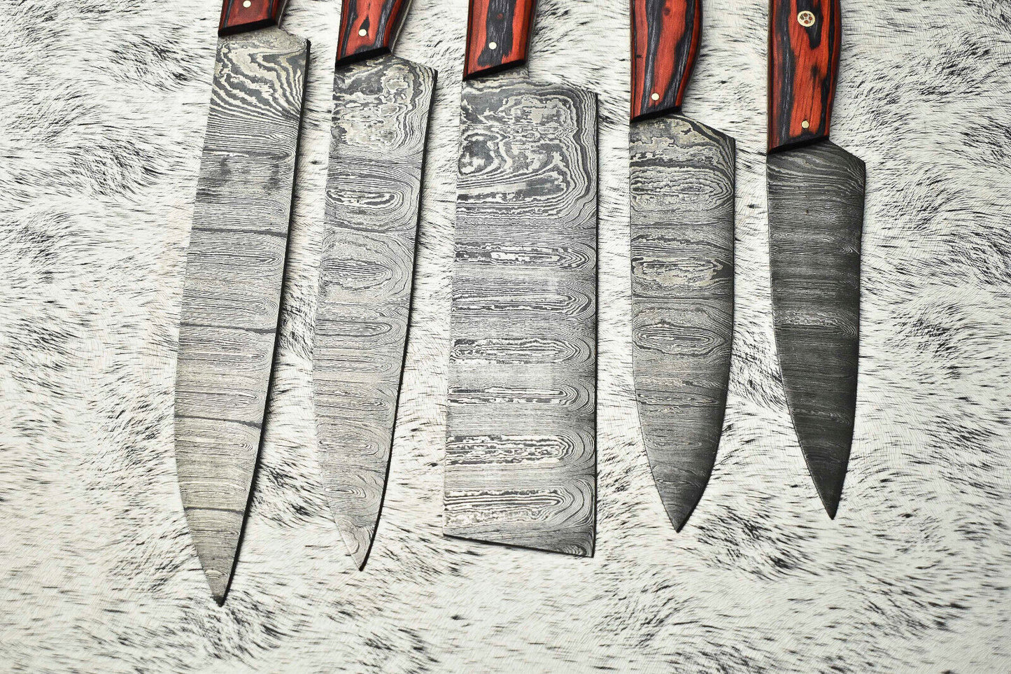 Lot of 5 Handmade Damascus Hammered Full Tang Chef Knives – Hardwood Set